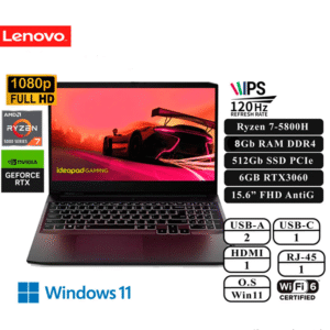 lenovo ideapad 15ach6 amd ryzen 7 5800H, 8GB RAM, 512 GB SSD, RTX 3060 6GB BT WEBCAM W11