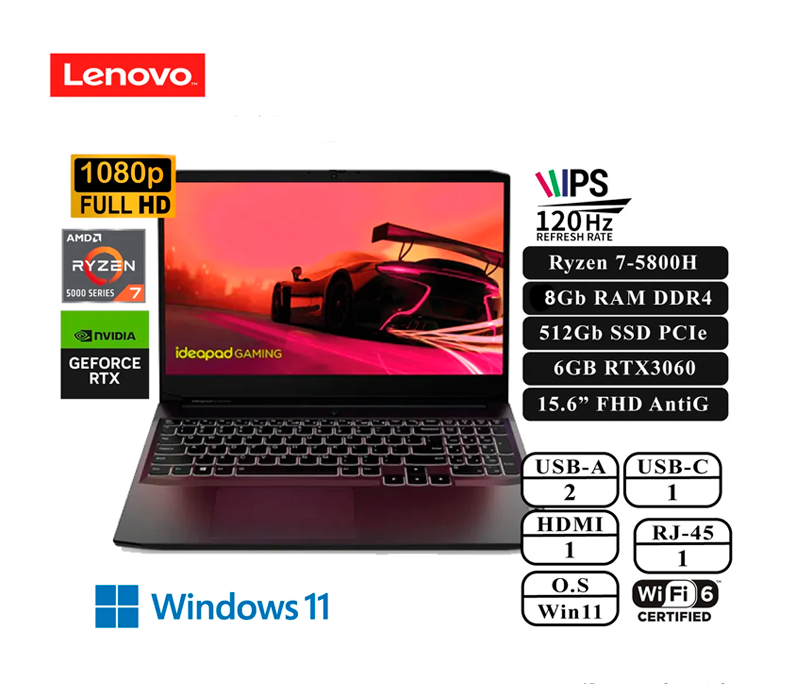 lenovo ideapad 15ach6 amd ryzen 7 5800H, 8GB RAM, 512 GB SSD, RTX 3060 6GB BT WEBCAM W11