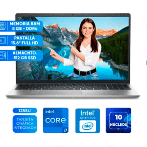 Laptop Dell Inspiron, 15.6″ FHD IPS, Core i7-1255U hasta 4.7GHz, 8GB DDR4 SO-DIMM